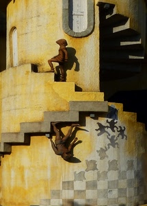 giallo, scale, torre, ombre, scalini, quadrati, scacchi, riflesso, gradini, statue, finestra, scala, nero, marrone, porta, sottosopra