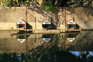 acqua, riflesso, tre, muro, fiume, casette, riflessi, cucce, rifugio